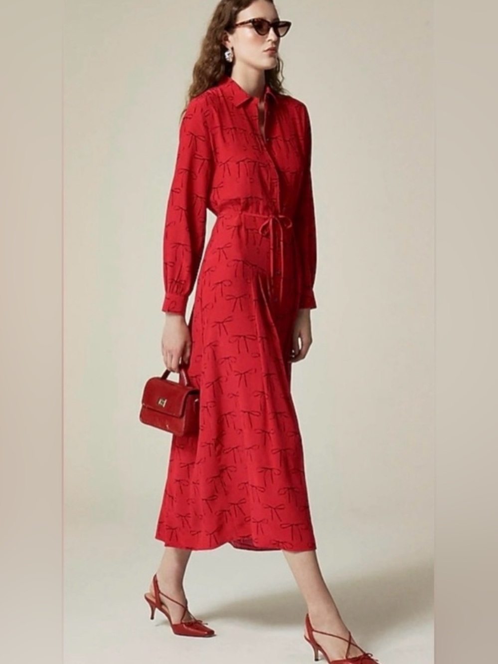 J.Crew Red Drapey Pleated Shirt-Dress in Bow Print Size 16